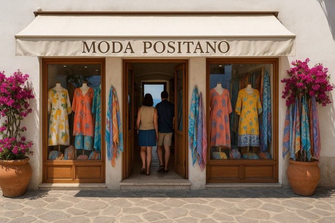 Moda Positano: vetrine colorate, tenda crema, bougainvillea in vasi, due clienti di spalle.