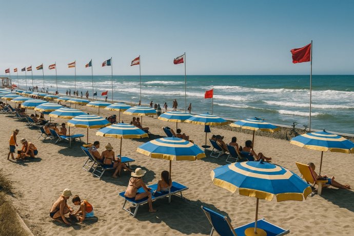 Litorale Domizio: ombrelloni giallo-blu, mare mosso, bandiere rosse e bagnanti sulla sabbia.