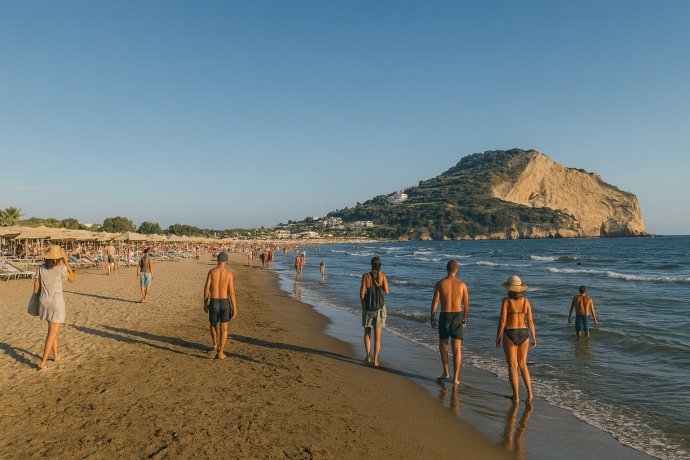 Spiaggia di Miseno a Bacoli: bagnanti al tramonto, sabbia dorata e Capo Miseno sullo sfondo.