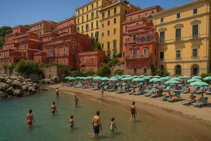 Posillipo, Spiaggia delle Monache: mare calmo, ombrelloni turchesi e palazzi storici colorati