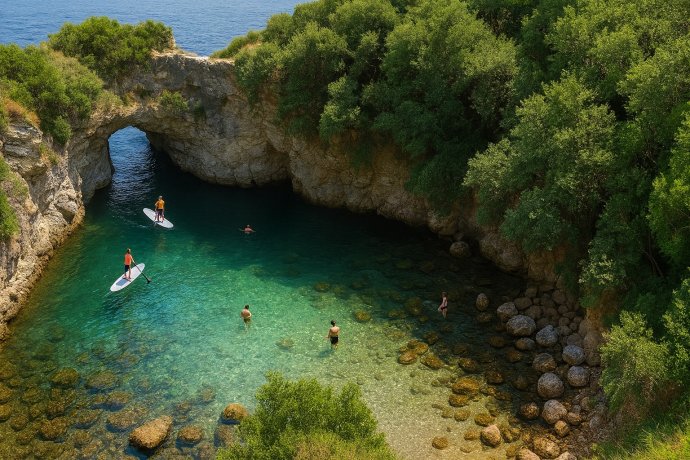Cala dei Bagni della Regina Giovanna a Sorrento con arco naturale, SUP e bagnanti.