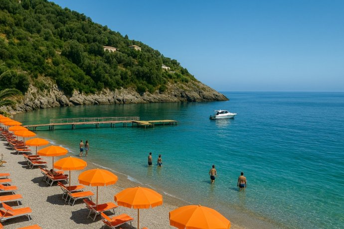 Nerano: spiaggia con ombrelloni arancioni, pontile, barca e mare turchese.