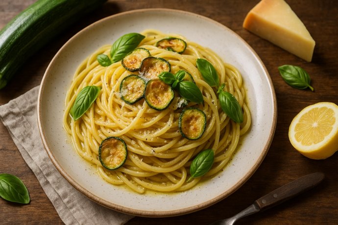 Spaghetti alla Nerano con zucchine fritte e basilico, crema al Provolone del Monaco.