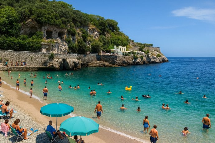 Marina di Puolo: spiaggia con ombrelloni turchesi, mare azzurro e bagnanti