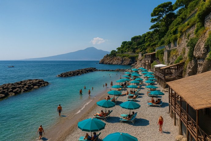 Scrajo, Vico Equense: spiaggia di ciottoli con ombrelloni turchesi, mare azzurro e Vesuvio.