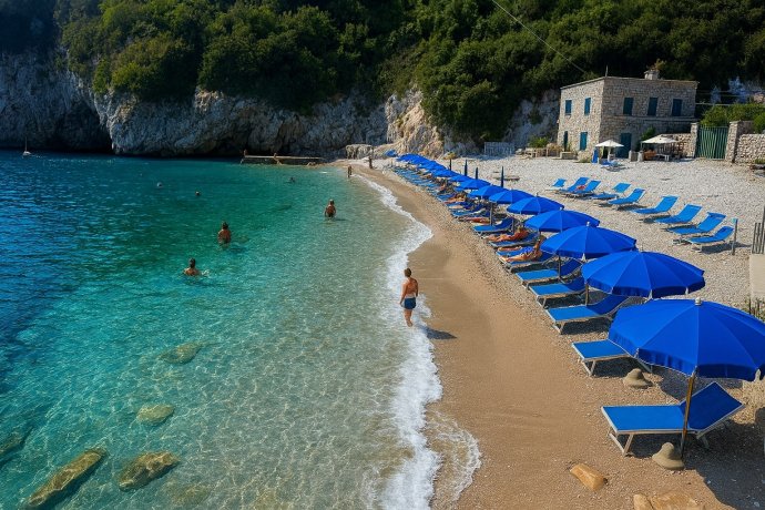 Spiaggia di Recommone a Massa Lubrense con ombrelloni blu su litorale di ciottoli e mare turchese.