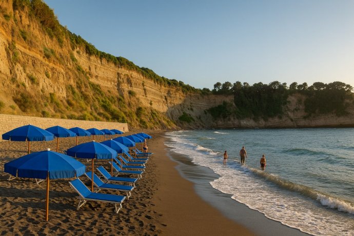 Pozzo Vecchio, Procida: ombrelloni blu su sabbia scura, falesie e mare calmo al tramonto.