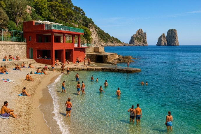 Marina Piccola Capri: bagnanti nel mare turchese con i Faraglioni sullo sfondo