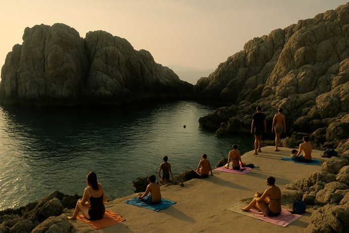 Caletta rocciosa a Punta Carena, Capri: mare turchese e bagnanti al tramonto.