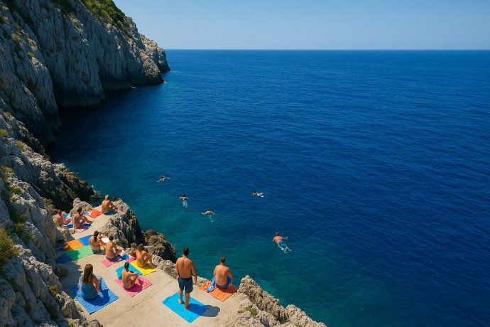 Capri, Spiaggia di Gradola vista dall’alto: mare blu cobalto, bagnanti