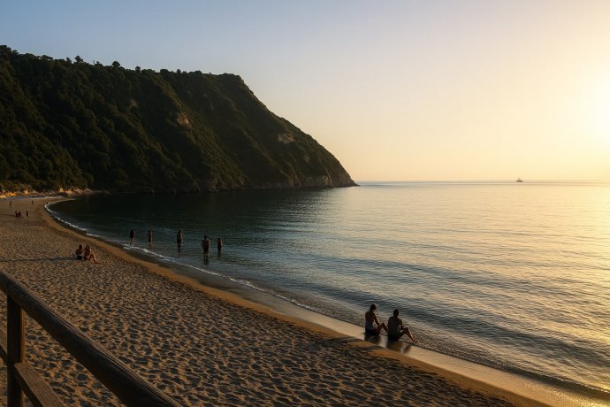 Ischia, Spiaggia di Citara al tramonto: sabbia dorata, mare calmo, scogliera verde e bagnanti.