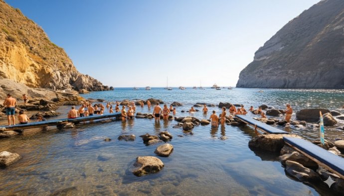 Bagnanti si rilassano nelle piscine termali naturali della Baia di Sorgeto a Ischia tra mare e rocce