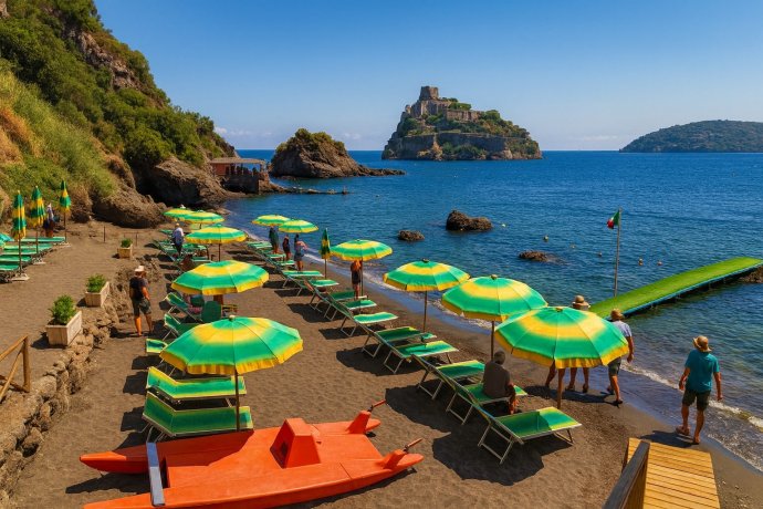 Spiaggia di Cartaromana a Ischia con ombrelloni verde-gialli e vista sul Castello Aragonese