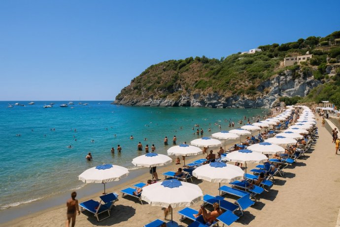Spiaggia di San Francesco a Forio con ombrelloni bianchi e mare turchese, verso Punta Caruso.