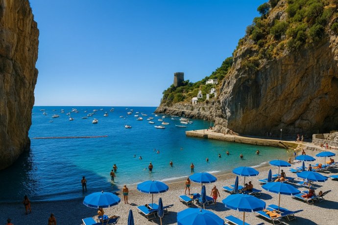 Marina di Praia a Praiano: caletta tra scogliere, ombrelloni blu e acqua turchese.