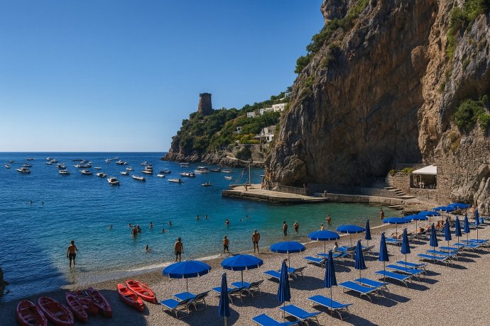La Gavitella a Praiano, caletta soleggiata con vista su Positano, Li Galli e Capri.