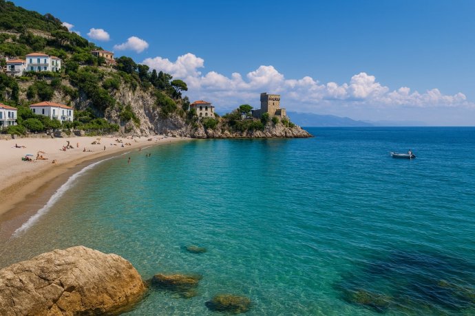 Erchie (Maiori): spiaggia e Torre La Cerniola, mare turchese e barca al largo.
