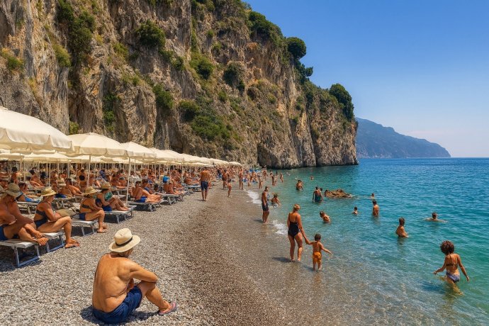 Spiaggia del Duoglio ad Amalfi: ciottoli, ombrelloni bianchi, falesie e bagnanti nel mare turchese.