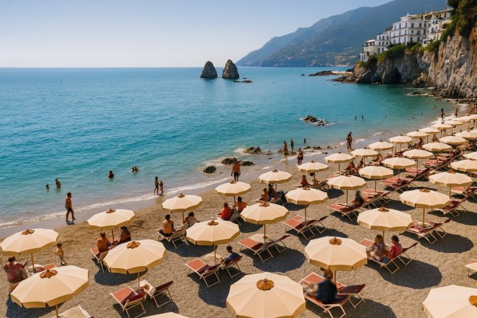 Vietri sul Mare, spiaggia La Crespella con ombrelloni e bagnanti, mare turchese e faraglioni