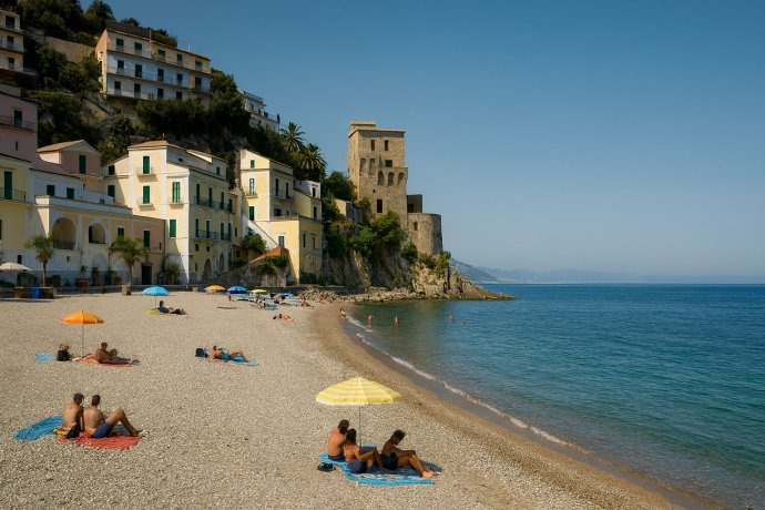 Cetara, spiaggia con Torre Vicereale, mare turchese e bagnanti 
