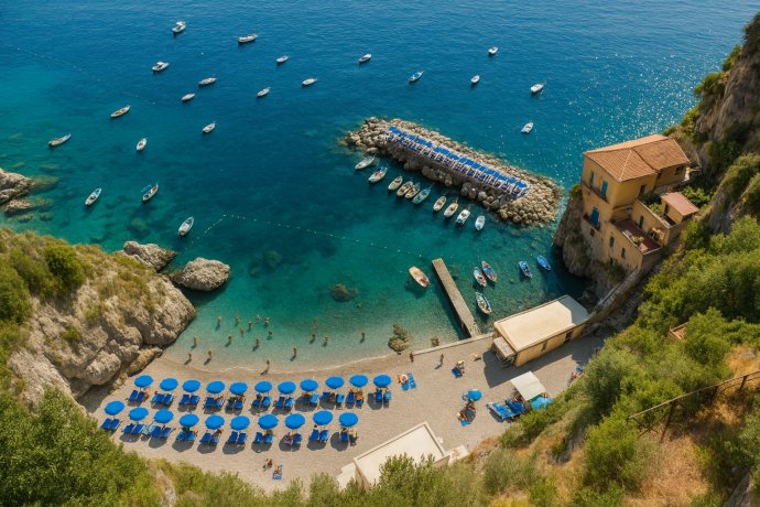 Marina di Conca, spiaggia di ciottoli con molo, barche e persone