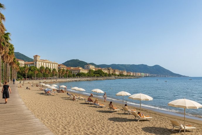 Salerno, spiaggia di Santa Teresa: lungomare, ombrelloni; vista golfo, persone