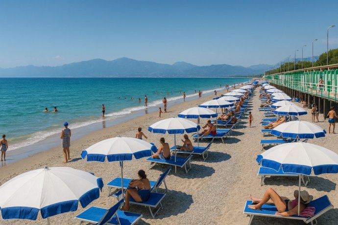 Spiaggia di Pontecagnano con ombrelloni blu e bianchi e mare turchese nel Golfo di Salerno.