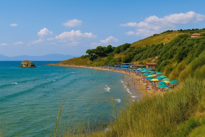 Baia di Trentova ad Agropoli con spiaggia a mezzaluna, mare turchese e ombrelloni colorati.