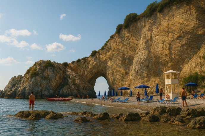 Arco Naturale di Palinuro: spiaggia con arco roccioso, ombrelloni e bagnanti