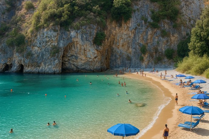 Baia del Buondormire a Palinuro: caletta turchese, falesie rocciose e spiaggia dorata con bagnanti.