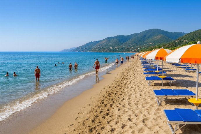 Spiaggia delle Saline a Palinuro con ombrelloni arancioni, sabbia dorata e mare calmo turchese.