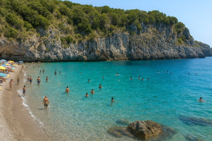 Marina di Camerota, Cala Pozzallo: acqua turchese, scogliera e bagnanti