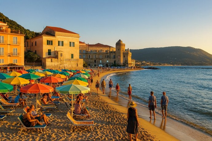 Marina Piccola, Castellabate: spiaggia al tramonto con ombrelloni colorati e bagnanti
