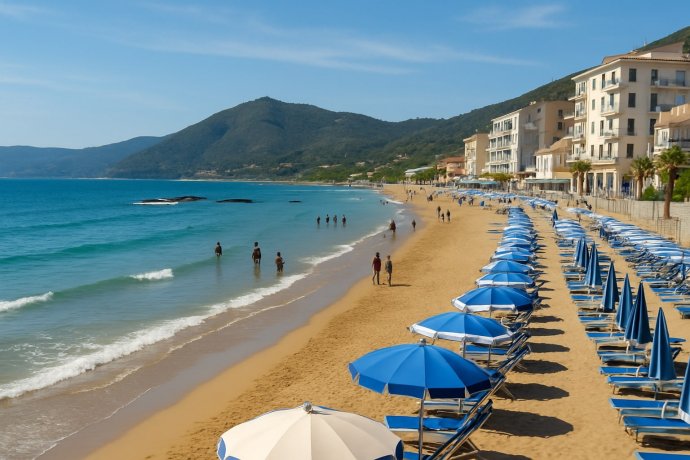 Spiaggia di Pollica: sabbia dorata, ombrelloni blu e mare turchese