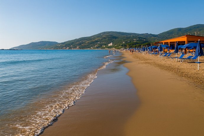 Casal Velino, spiaggia sabbiosa con ombrelloni blu, mare calmo e colline verdi sullo sfondo