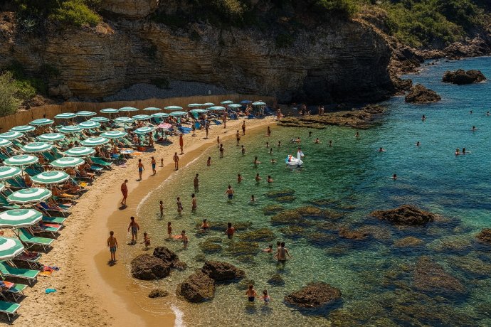 Ficocella, Palinuro: caletta sabbiosa con scogli, acqua cristallina e ombrelloni verdi