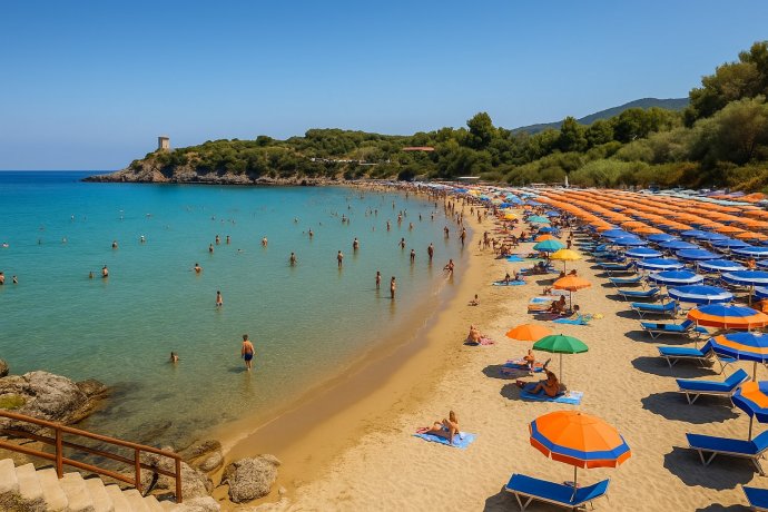 Spiaggia della Calanca: sabbia chiara, mare turchese e Torre dell’Isola sul promontorio.