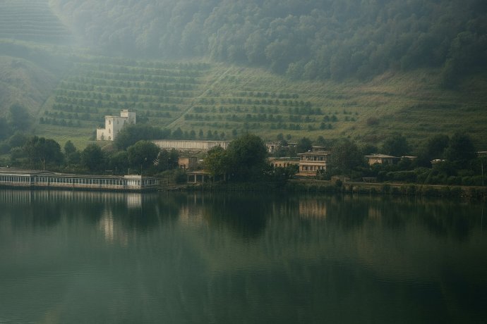Lago d’Averno nei Campi Flegrei, colline terrazzate riflesse nelle acque calme, foschia mattutina