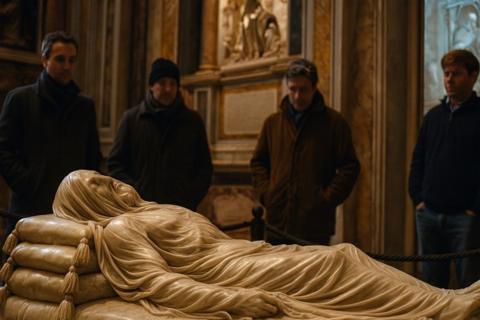 Visitatori davanti al Cristo Velato: statua di marmo velata, atmosfera sacra.