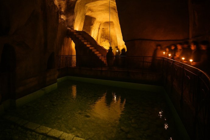Cisterna sotterranea illuminata, scale nella roccia e gruppo con candele nel buio.