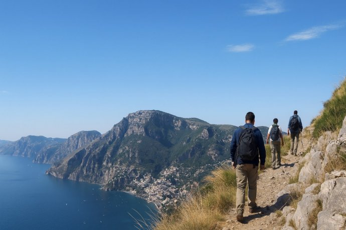 Escursionisti sul Sentiero degli Dei con vista mare e scogliere della Costiera Amalfitana.