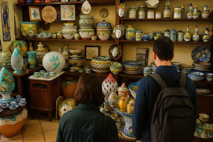 Bottega di ceramiche Vietri con due persone di spalle tra piatti e vasi colorati.