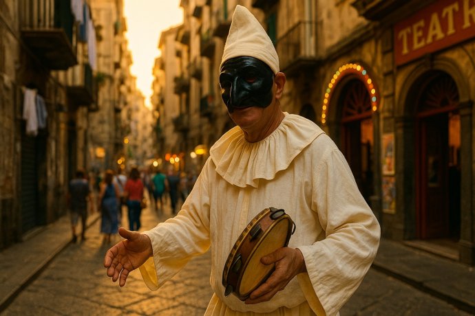 Pulcinella in costume tradizionale con tamburello tra i vicoli di Napoli al tramonto.