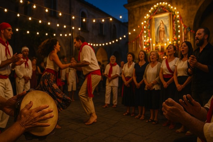Tammurriata e canto a figliola davanti a un santuario mariano in Campania, tamburello e coro.