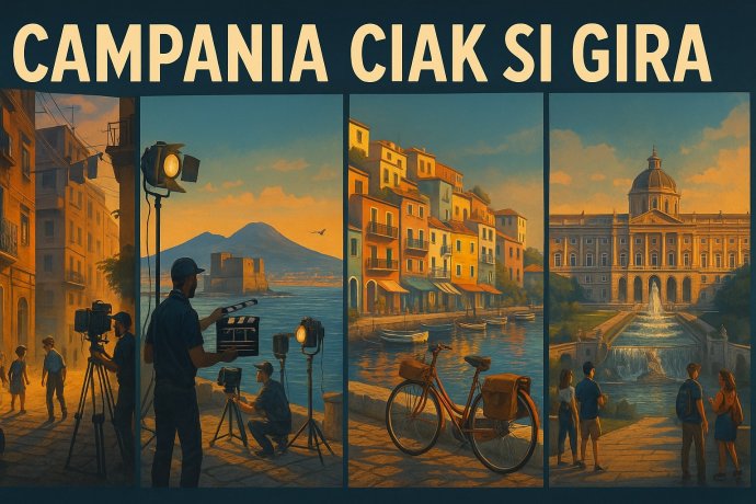 Poster “Campania Ciak Si Gira” con Napoli, Procida e Reggia di Caserta.