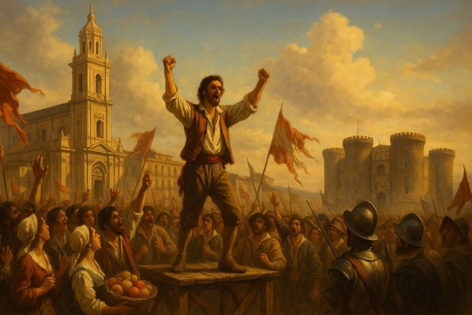 Masaniello arringa il popolo in Piazza Mercato, Napoli 1647, con Basilica del Carmine e soldati.
