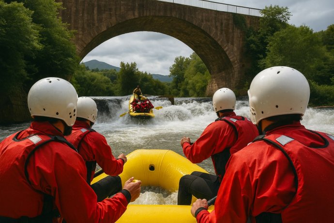 Gruppo in rafting sul fiume Tanagro sotto ponte ad arco, rapide e cascate nel Cilento.