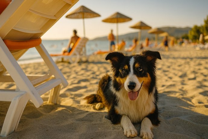 Border Collie su spiaggia del Cilento, vicino a lettino e ombrelloni, mare al tramonto.