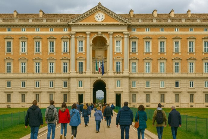 Visitatori di spalle camminano verso l’ingresso della Reggia di Caserta, facciata barocca.