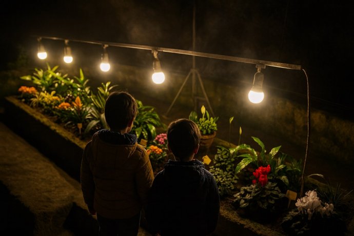 Due bambini osservano fiori illuminati in galleria di Napoli Sotterranea.